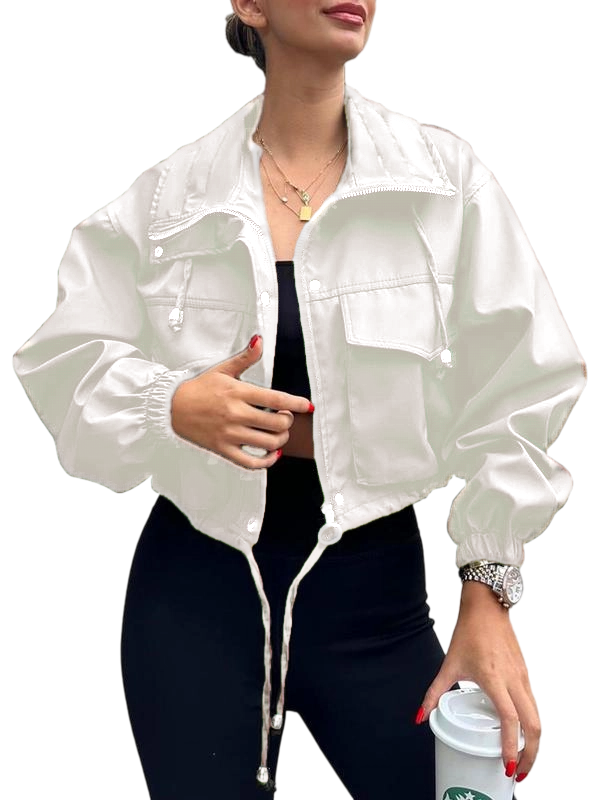 Women's Solid Zip Up Drawstring Hem Jacket, Casual Long Sleeve Collared Outerwear